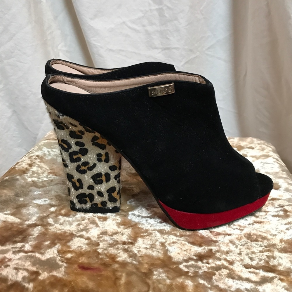 Leopard print red and black slip on shoes